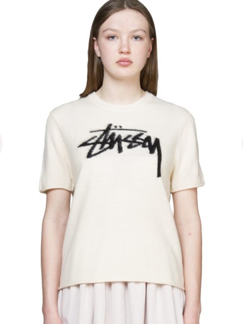 Stussy Cream Short Sleeve Tee with Black Logo. Size M